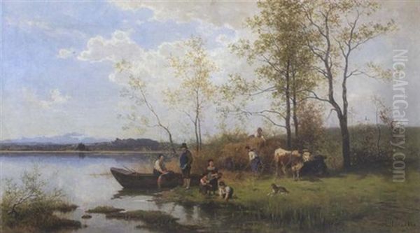Heuernte Am Ufer Eines Vorgebirgssees - view 1