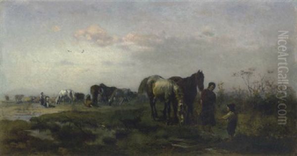 Pferdeweide Mit Einer Bauerin Und Ihrem Sohn, Die Zwei Rosse Zur Tranke Fuhren - view 1