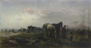 Pferdeweide Mit Einer Bauerin Und Ihrem Sohn, Die Zwei Rosse Zur Tranke Fuhren by Julius Noerr