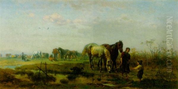 Pferdeweide Mit Einer Bauerin Und Ihrem Sohnchen, Die Zwei Rosse Zur Tranke Fuhren - view 1