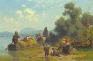 Bauernfamilie Mit Einem Heuboot Am Chiemseeufer