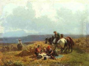 Eine Bauernfamilie Hat Sich In Den Feldern Zur Brotzeit Versammelt Eine Bauernfamilie Hat Sich In Den Feldern Zur Brotzeit Versammelt
