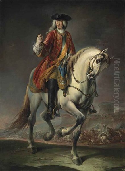 Equestrian Portrait Of Field Marshal Count Johann Matthias Von Der Schulenburg, Full-length, In A Red Coat And A Breastplate, On A Grey Mare, Before A Siege - view 1