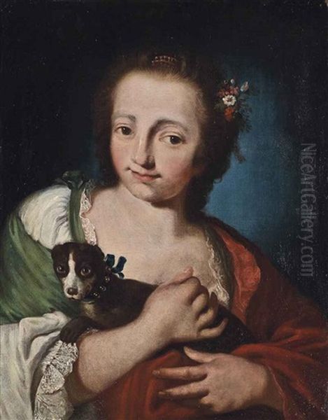 Portrait Of A Lady, Half-length, In A Green Lace-trimmed Dress And A Red Wrap, With A Dog - view 1