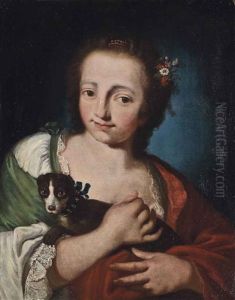 Portrait Of A Lady, Half-length, In A Green Lace-trimmed Dress And A Red Wrap, With A Dog by Giuseppe Nogari
