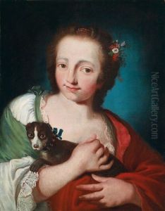 Ein Blumengeschmucktes Madchen Mit Einem Schoshund Auf Dem Arm
