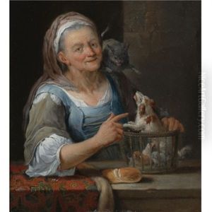 An Old Woman Holding A Basket With A Dog Defending Her Puppies From A Cat by Giuseppe Nogari