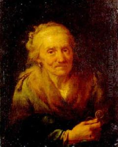An Old Woman, In A Blue Dress With A Fur Collar, Holding A Pair Of Spectacles