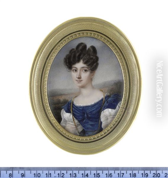 A Lady, Wearing Blue Dress With Short White Puff Sleeves And White Under-dress With Sheer Long Puff Sleeves And Lace Trim To Her Decollete... - view 1