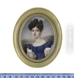 A Lady, Wearing Blue Dress With Short White Puff Sleeves And White Under-dress With Sheer Long Puff Sleeves And Lace Trim To Her Decollete...