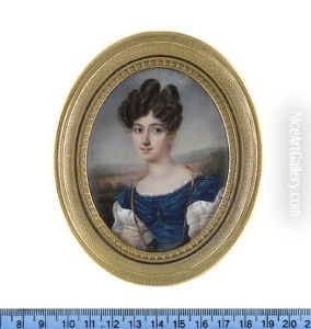 A Lady, Wearing Blue Dress With Short White Puff Sleeves And White Under-dress With Sheer Long Puff Sleeves And Lace Trim To Her Decollete, A Long Gold Ribbon With Blue Borders Suspended From Her Neck by Charles Claude Noisot