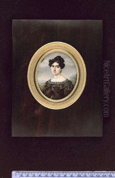 A Lady (clemence Berlier?) Wearing Fur-trimmed Black Dress, Drop Gold Earrings, Her Black Hair Curled, Landscape Background - view 1