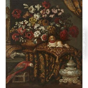 An Elegant Interior With Mixed Flowers, Spaniel On A Cushion, And A Parrot