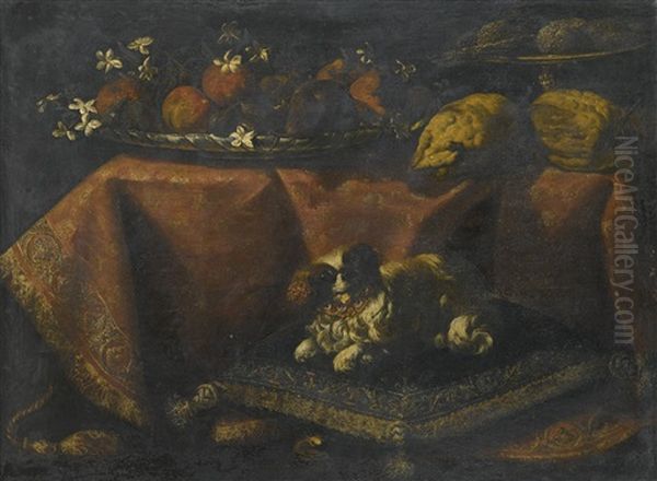 Still Life Of Fruit And Flowers In A Bowl, Lemons And Sugarbread In A Tazza Resting On A Draped Table, Together With A Spaniel Resting On A Pillow In The Foreground - view 1