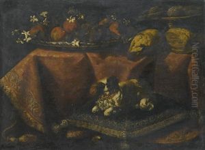 Still Life Of Fruit And Flowers In A Bowl, Lemons And Sugarbread In A Tazza Resting On A Draped Table, Together With A Spaniel Resting On A Pillow In The Foreground