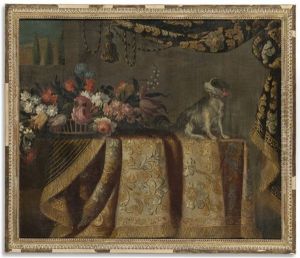 Still Life Of Flowers With A Toy Spaniel, All On Draped Table Still Life Of Flowers With A Toy Spaniel, All On Draped Table