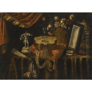 A Still Life With A Guitar, A Fan, A Statuette Of A Violinist, A Snuff Box, A Mirror And Flowers, All On A Draped Table by Francesco Il Maltese Noletti