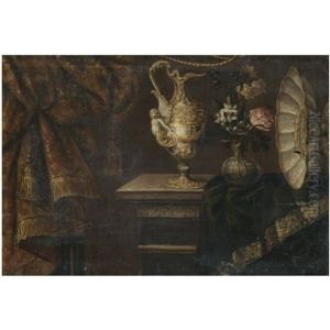 A Still Life With A Sculpted Pitcher And A Vase Of Flowers On A Partly-draped Stone Ledge