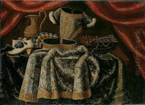 Natura Morta Con Vestito, Scarpe, Profumi, Ventaglio E Una Brocca Su Un Tavolo Con Tappeto, Sotto Un Tendaggio Rosso - view 1