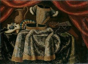 Natura Morta Con Vestito, Scarpe, Profumi, Ventaglio E Una Brocca Su Un Tavolo Con Tappeto, Sotto Un Tendaggio Rosso