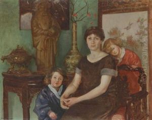 La Femme De L'artiste Avec Ses Deux Filles Dans Le Salon Japonais by Henri Girault De Nolhac