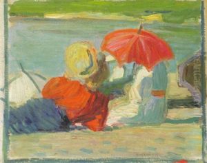Frauen Mit Rotem Schirm Am Ostseestrand by Franz Noelken