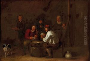 Peasants Drinking In An Interior; And Peasants Playing Cards In An Interior by Jean Baptiste Nollekens