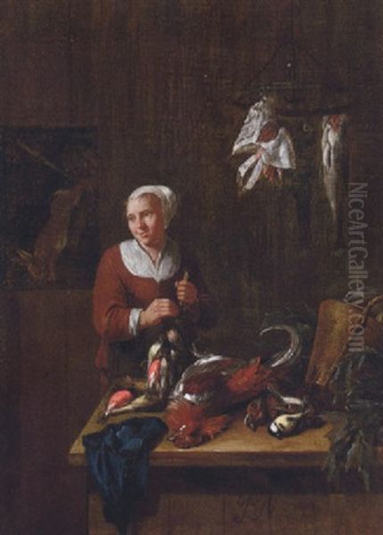 A Woman In A Kitchen Interior With A Dead Cockerel, Song Birds, Fish And A Hare - view 1