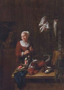 A Woman In A Kitchen Interior With A Dead Cockerel, Song Birds, Fish And A Hare