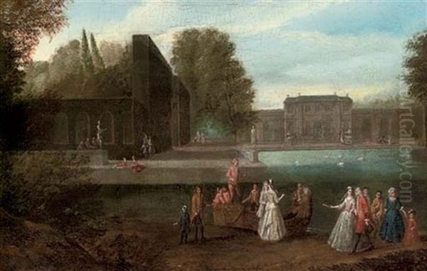 Elegant Company Disembarking From A Boat In A Lake In The Grounds Of A Country House - view 1