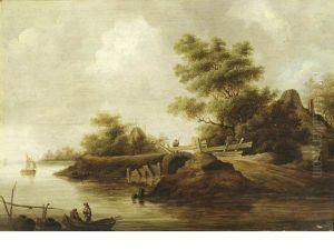 A River Landscape With Figures In A Ferry by Pieter Nolpe