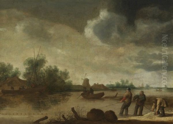 Grosse Hollandische Kanallandschaft Mit Fischern - view 1