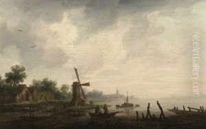 Hollandisches Dorf An Gewasser. Mit Zwei Fischern Auf Ihrem Boot Im Vordergrund Und Stadtsilhouette Im Hintergrund