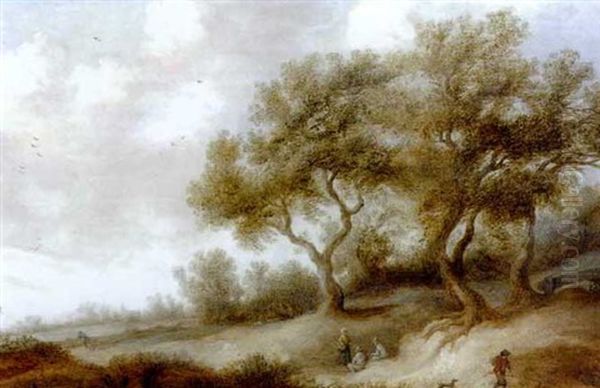 Baumreiche Sommerlandschaft Mit Figurenstaffage, Im Hintergrund Eine Kirche - view 1