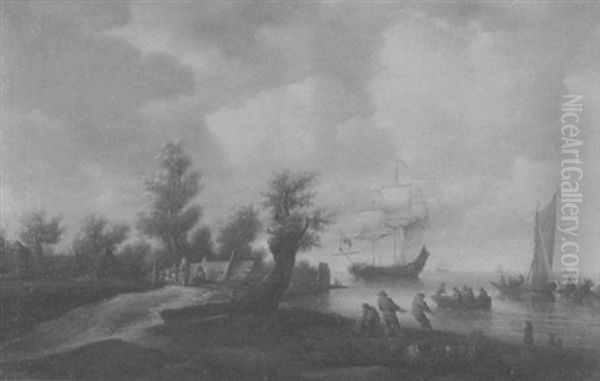 Kustenlandschaft Mit Fischern, Die Ihre Netze An Land Ziehen - view 1