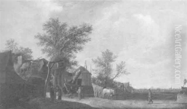 Weite Landschaft Mit Bauernhofen Und Bauern, Tieren Und Fahrzeugen Vor Einem Wirtshaus - view 1