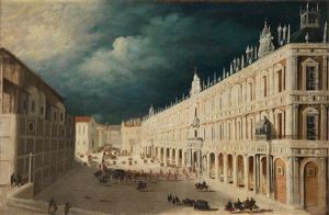 A Capriccio View Of An Italian Piazza With A Royal Procession
