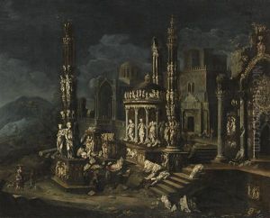 An Architectural Capriccio With A Group Of Figures by Francois de Nome