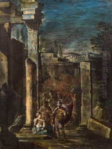 Ruinenlandschaft Mit Soldat Und Zwei Frauen by Francois de Nome