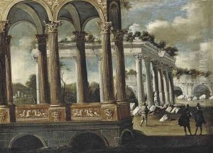 An Architectural Capriccio With Elegant Figures Conversing by Francois de Nome