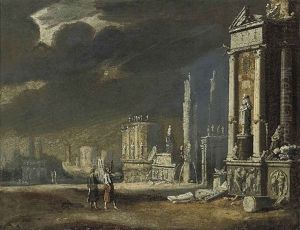 An Architectural Capriccio With Tobias And The Archangel Raphael by Francois de Nome