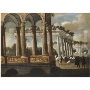 An Architectural Capriccio With Figures Amongst Classical Ruins by Francois de Nome