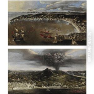 Veduta Di Napoli Da Levante, Con Castel Dell'ovo In Primo Piano (+ Veduta Di Borgo Loreto, Con Il Vesuvio In Eruzione; Pair)