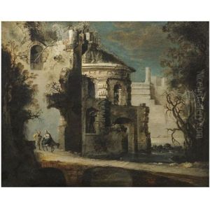An Architectural Capriccio Of Roman Ruins With The Flight Into Egypt by Francois de Nome