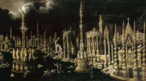 An Architectural Fantasy With Artists Sketching by Francois de Nome