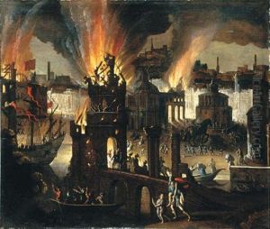 Ulisse Porta In Salvo Il Padre Anchise Ed Il Figlio Telemaco Da Troia In Fiamme by Francois de Nome