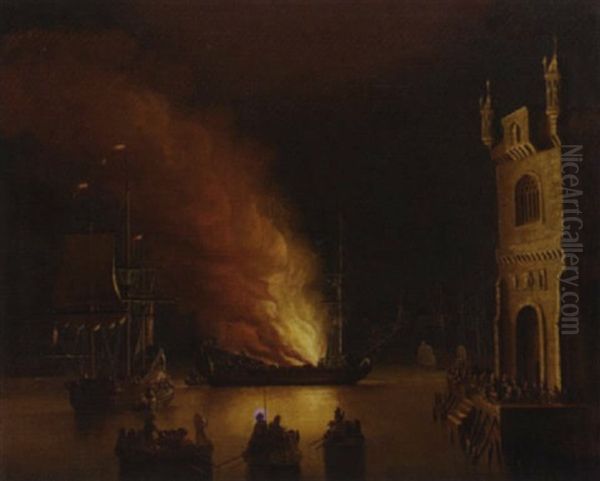 A Ship On Fire In A Harbour By Night - view 1