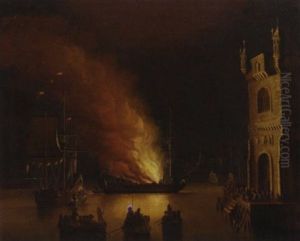 A Ship On Fire In A Harbour By Night