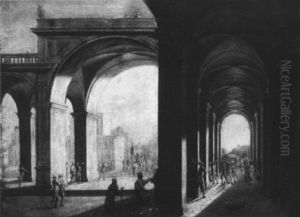 Vue De Peristyle D'un Palais Ouvrant Sur Une Ville Avec Le Christ Emmene Par Les Soldats by Francois de Nome