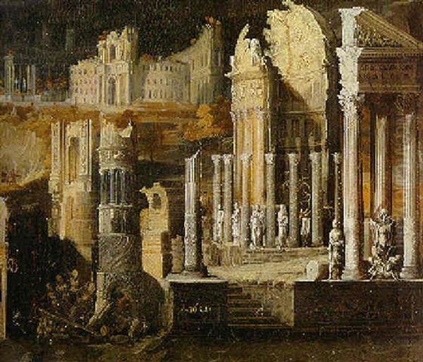 A Capriccio Of A Ruined Temple With A Colosseum Beyond - view 1